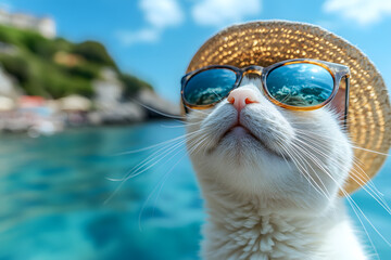 cat with sunglasses, and hat on beach background. Summer concept.