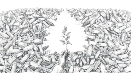 Hand Holding Sprout Amidst Plastic Bottles in Sketch Illustration