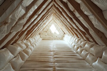 Insulated attic with cellulose bags lining the rafters and floor. Shows effective home insulation for energy efficiency and comfort.
