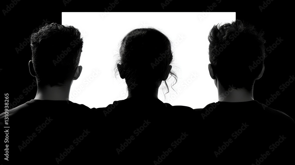 Poster two people stand before a white screen, creating minimalist scene with potential for diverse visual 