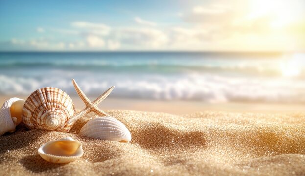 Seashells on golden beach at sunrise