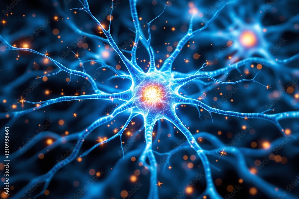 Poster abstract glowing neuron network on dark background.