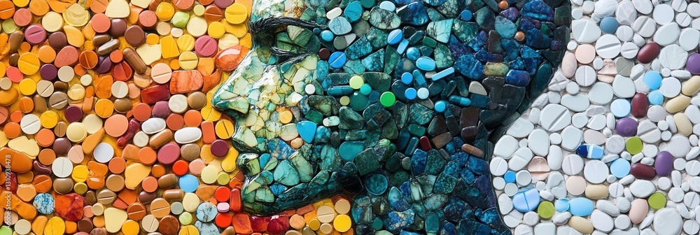 Poster colorful mosaic of pills creating a human silhouette highlighting artistic interpretation and intric