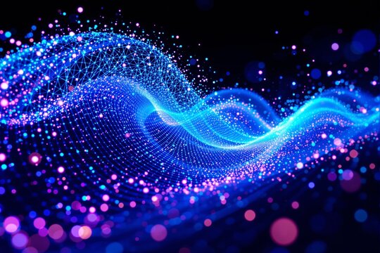 Abstract waves of glowing dots and lines on dark background.