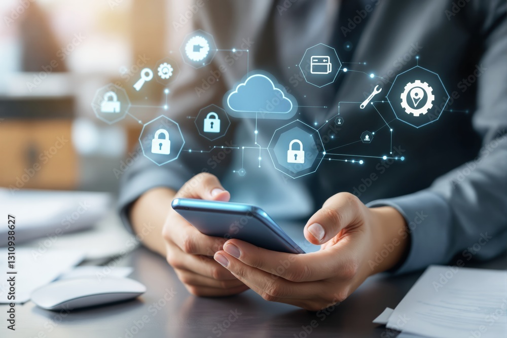 Poster Hands holding smartphone with holographic cloud computing and cybersecurity icons on blurred background. Concept of data protection.