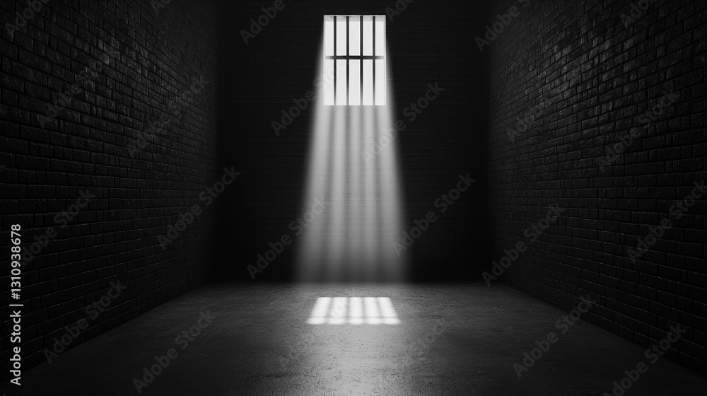Poster dark room with light beaming through window bars