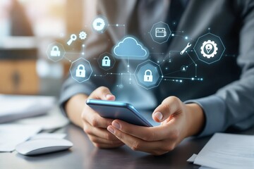 Hands holding smartphone with holographic cloud computing and cybersecurity icons on blurred background. Concept of data protection.