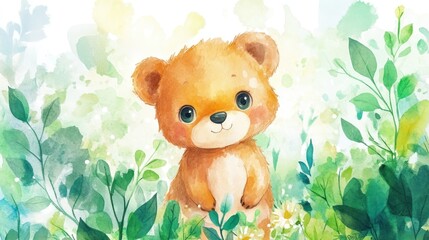 A Cute Watercolor Teddy Bear Amidst Green Lush Foliage