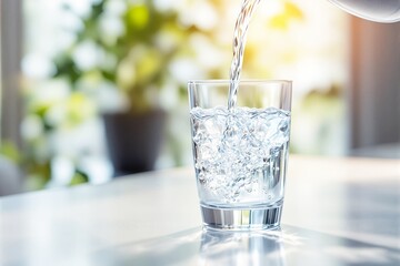 Pouring water into a clear glass on a bright table with a blurred natural background.