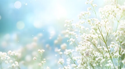 Delicate white flowers blossom gently in a soft blue background