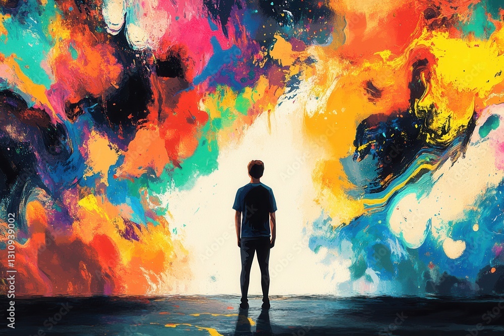 Leinwandbilder creative artist stands before a vibrant canvas filled with splashes of color portraying boundless im
