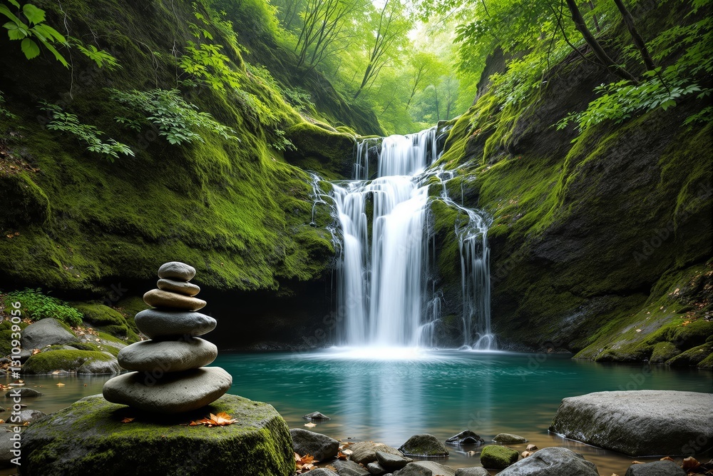 Poster tranquil waterfall in lush forest with stacked stones in foreground.
