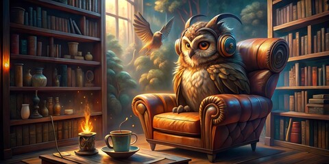 Serene Owl in Leather Chair, Enjoying a Moment of Tranquility Amidst Books and Gentle Firelight