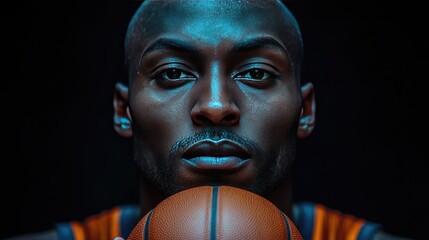 A muscular, bald African American man in a black basketball jersey holds a basketball in front of him.