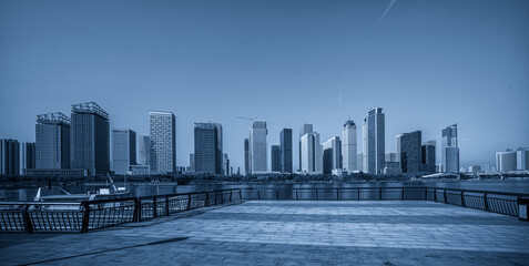 Modern Urban Skyline in Grayscale with River View
