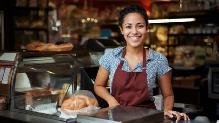 Smiling bakery worker in apron behind counter, captured in a medium close-up angle. The video conveys a warm, inviting atmosphere in a cozy bakery setting.