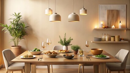 Fototapeta premium Elegant dining room scene with a wooden table, soft lighting, and a minimalist aesthetic