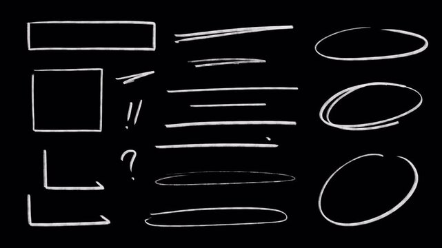 A Set of line art 2, boxes, circles, arrows: Hand-drawn animation of pencil crayon, rough chalk underline, marks, long round,question mask, exclamation, sketching elements on a transparent background