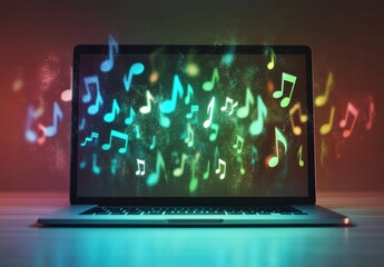 A laptop screen is lit up with a colorful display of musical notes