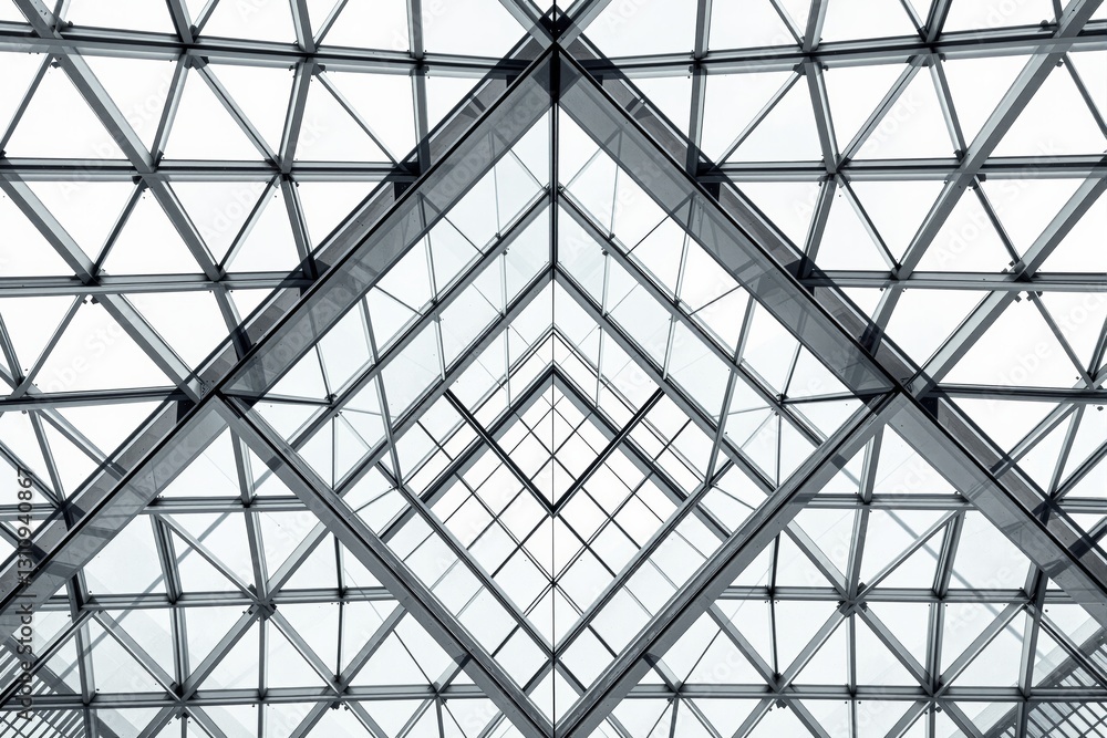 Poster Geometric glass architecture with intersecting lines and patterns.