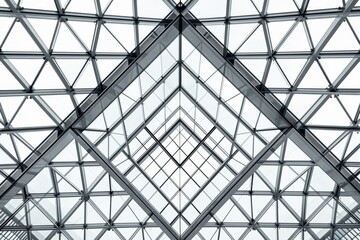 Geometric glass architecture with intersecting lines and patterns.