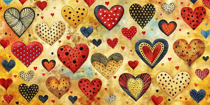 A plethora of artistically designed hearts, each adorned with unique patterns and textures, creates a vibrant and whimsical tapestry of love