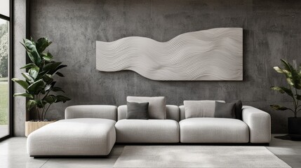Modern Minimalist Living Room with Textured Wall Art and Greenery