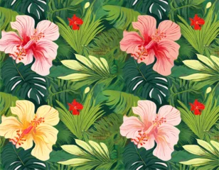 Fotobehang A seamless vector garden background featuring a mix of tropical and wild plants, with lush © João Macedo