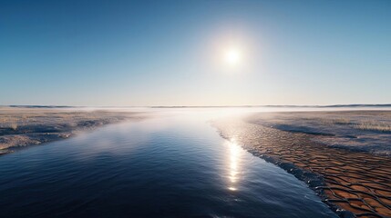 Fototapeta premium Climate change drought concept. A serene view of a frozen river under a bright sun creating stunning reflections.