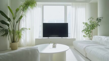 Modern apartment living room, city view, plants, minimal design, home decor