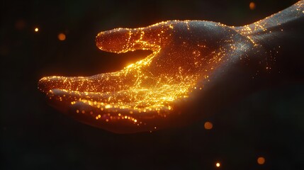 A hand outstretched glowing with warm golden light surrounded by a scattering of shimmering particles
