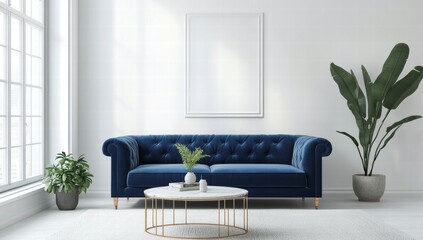 A living room with a blue couch and a white coffee table