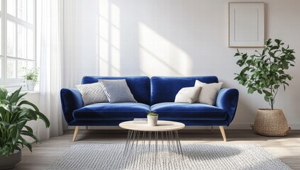 A blue sofa is in a living room with a white wall and a window