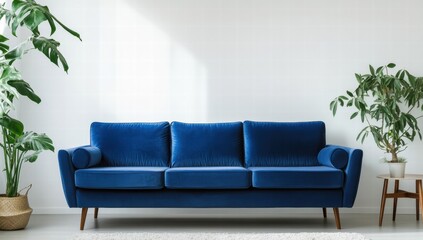A blue couch with three cushions sits in front of a white wall