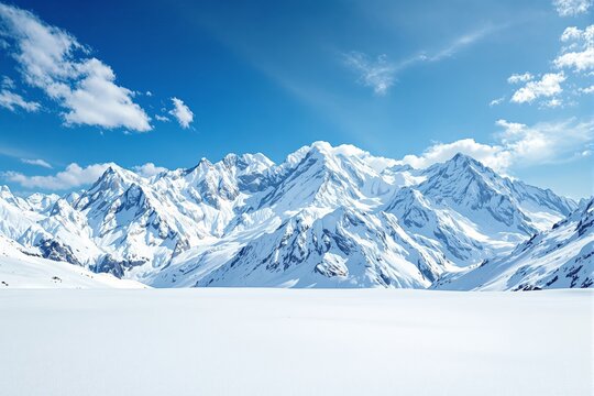 Snow-covered mountain range under clear blue sky.
