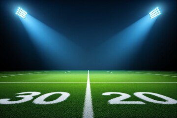 American football field with yard lines under stadium lights.