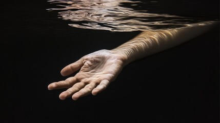 Fototapeta premium In the quiet underwater world, an arm reaches gracefully from the deep bottom to the top, as if this arm is touching the unknown world, or looking for some kind of breakthrough and freedom.