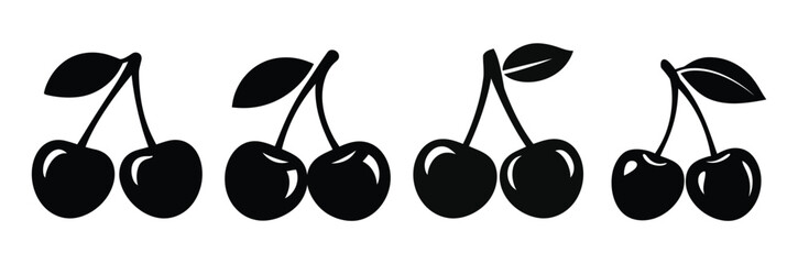 Cherry silhouette icon. Black cherries vector with leaf. Minimalist fruit design for logos and graphics
