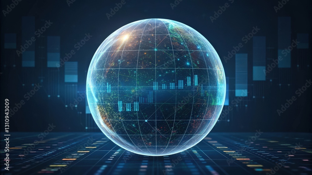 Poster a glowing digital globe with financial data visualizations. the scene is a dynamic representation of