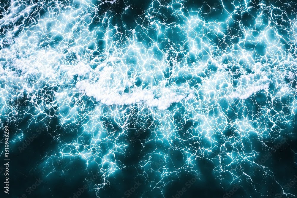 Poster abstract glowing water pattern with white fractal-like light on dark blue background.
