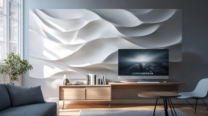 Modern living room, wavy wall decor, TV screen, home interior design