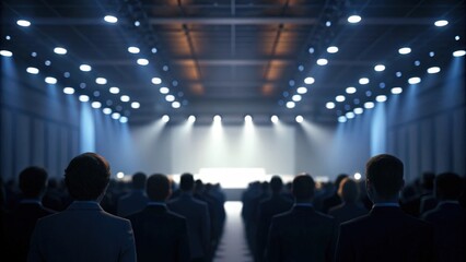 a conference hall packed with attendees, facing a brightly lit stage. The room has a modern design with rows of seats facing the stage