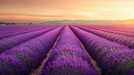 Fototapeta premium A vibrant lavender field stretches under a colorful sunset, showcasing rows of purple blooms and a serene landscape in the background.