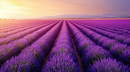 Fototapeta premium A vibrant lavender field stretches under a golden sunset, showcasing rows of purple blooms and a serene landscape.