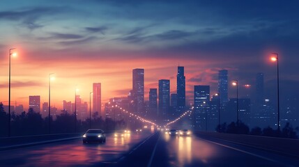 Fototapeta premium A city skyline at dusk with glowing lights and vehicles on a highway.