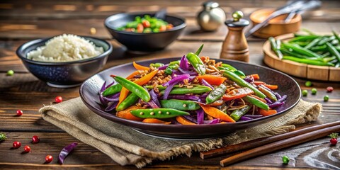 A vibrant and flavorful stir-fry featuring colorful vegetables and grains served alongside a side of fluffy white rice, a delicious and healthy meal option