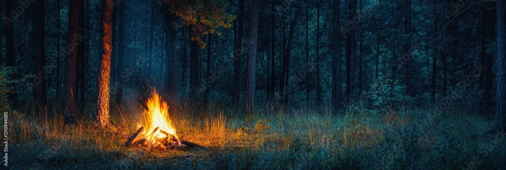 Poster solitary campfire flickering in a forest clearing under the night sky with space for text generative