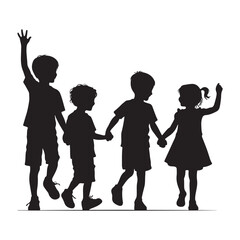 Silhouettes of children holding hands and a boy and a girl holding hands
