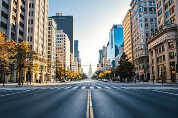 City street with skyscrapers and autumn trees.