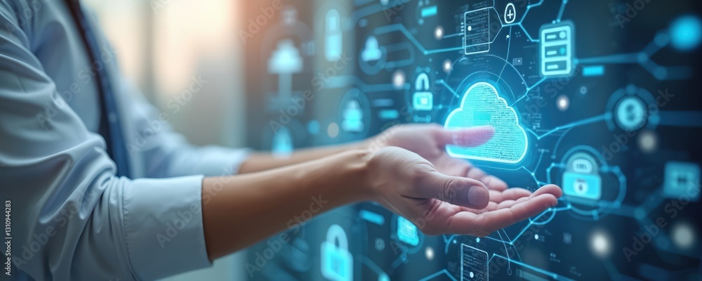 Poster hands present cloud computing technology. cyber security network system for file document transfer a